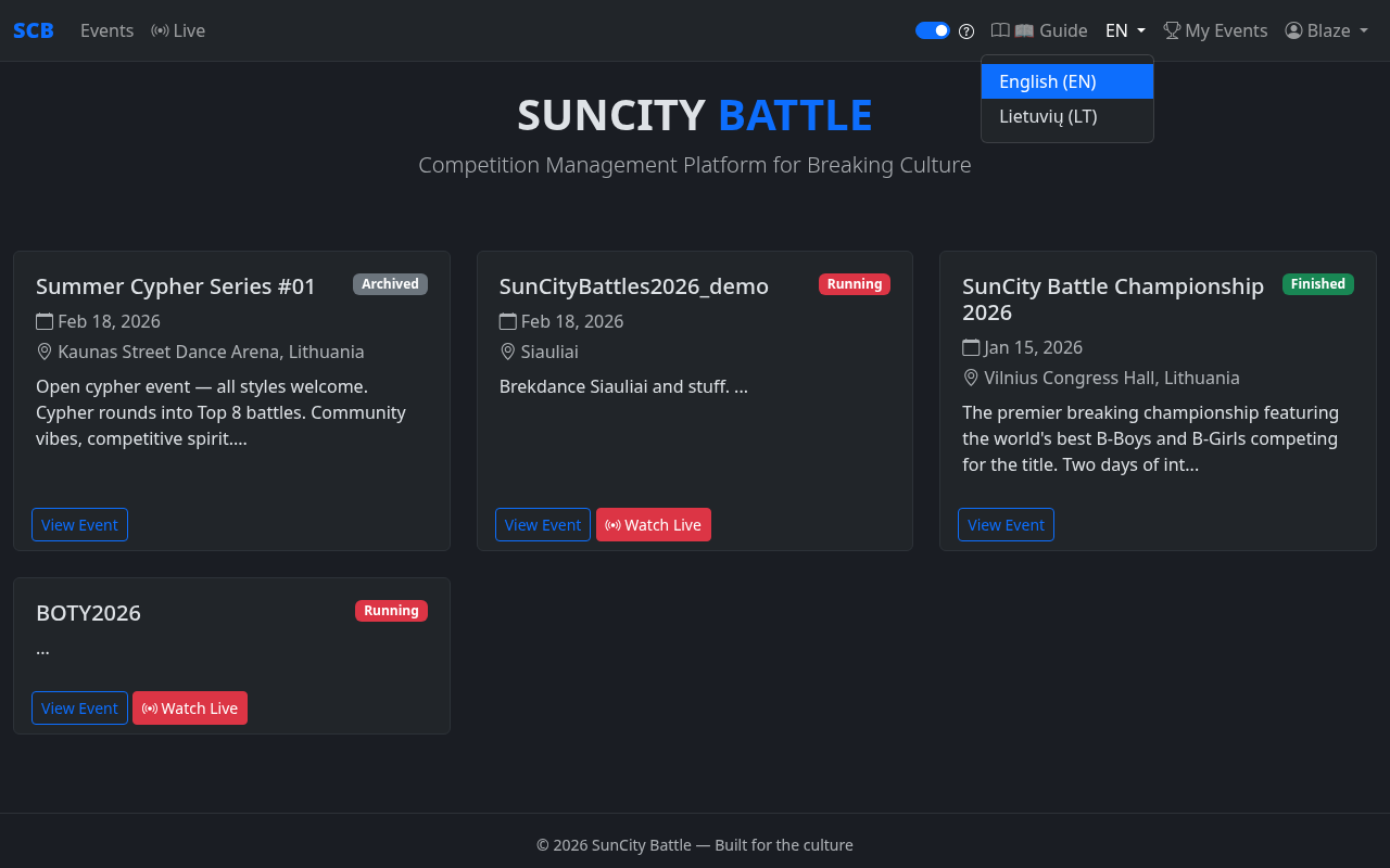 Navigation bar showing My Events link and user dropdown with profile options